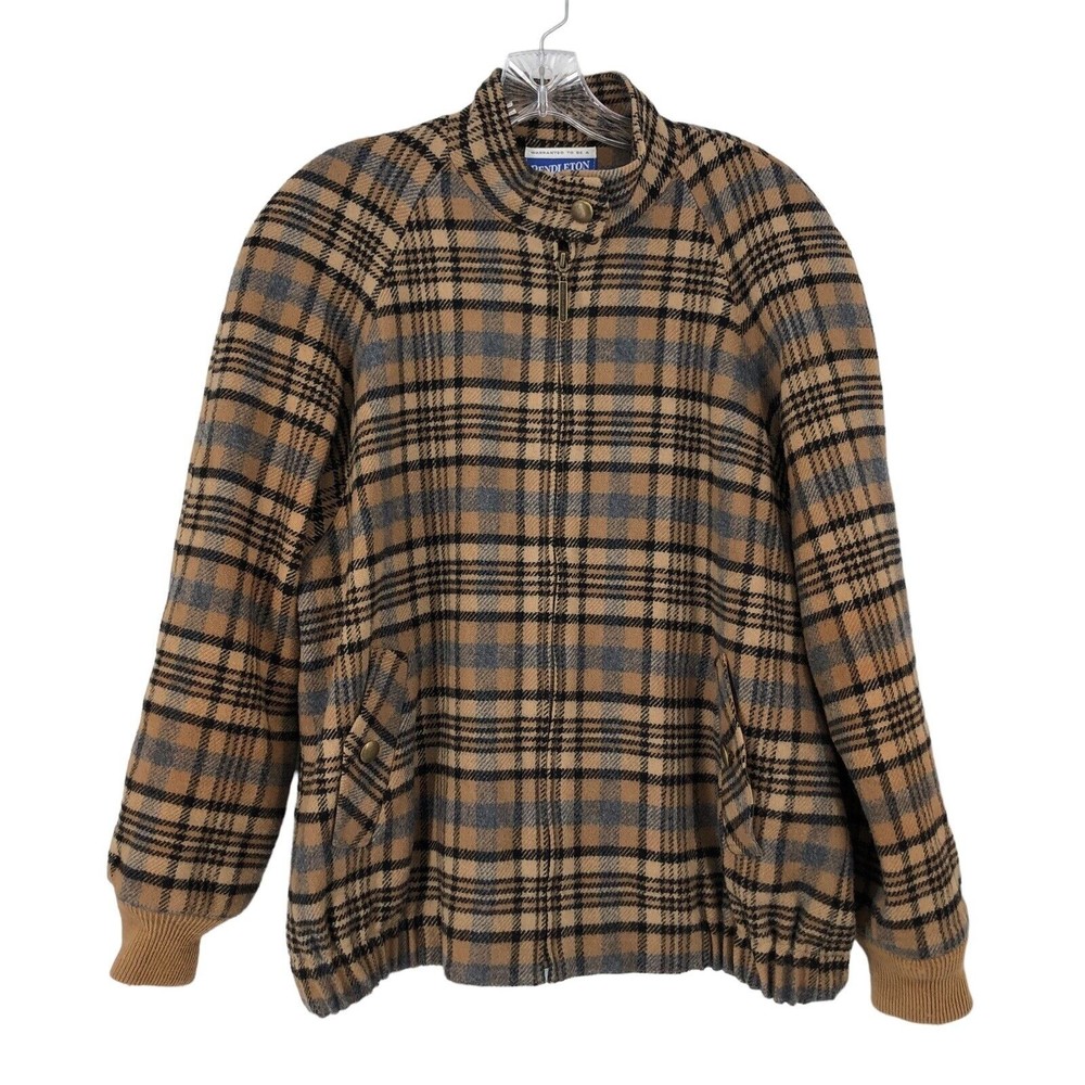 Vintage Pendleton %100 Wool Vintage USA Jacket Coat Tan Blue Plaid Lined Size M